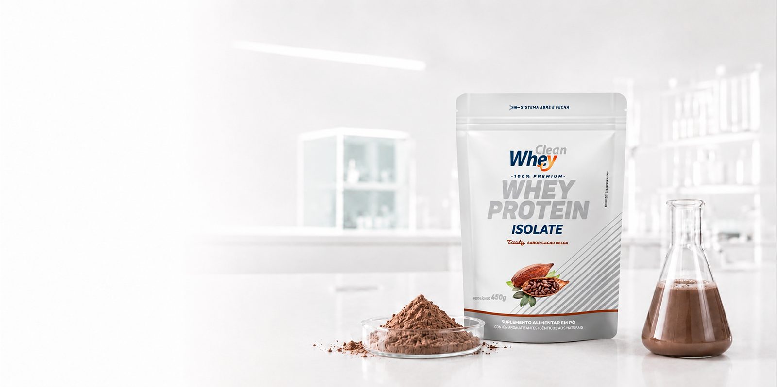 Clean Whey Isolate Tasty Cacau Belga em ambiente de laboratório