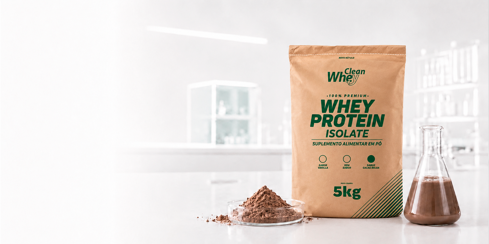 Clean Whey Isolate Tasty Cacau Belga em ambiente de laboratório
