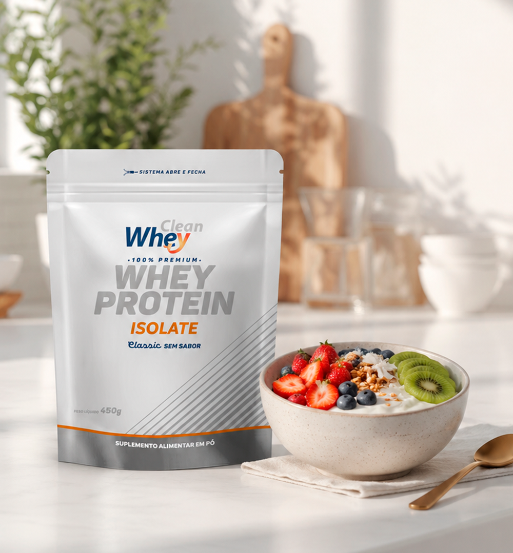 Refil 450g Clean Whey Isolate com bebida e frutas