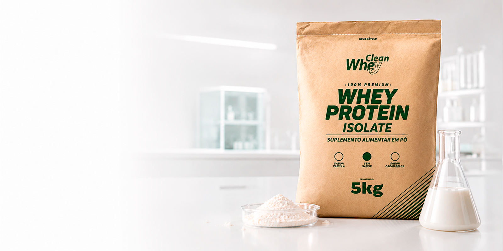 Clean Whey Isolate Saco 5kg em ambiente de laboratório