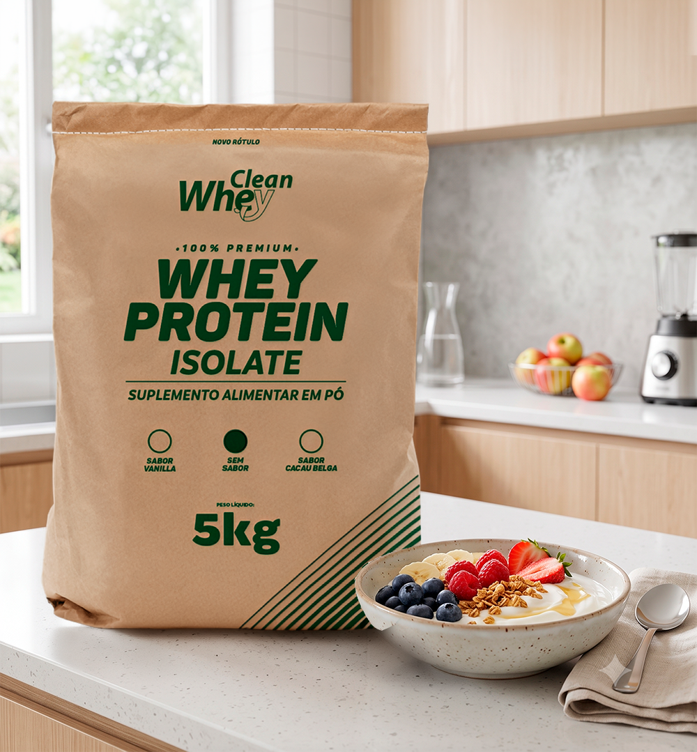 Saco 5kg Clean Whey Isolate com preparação para consumo