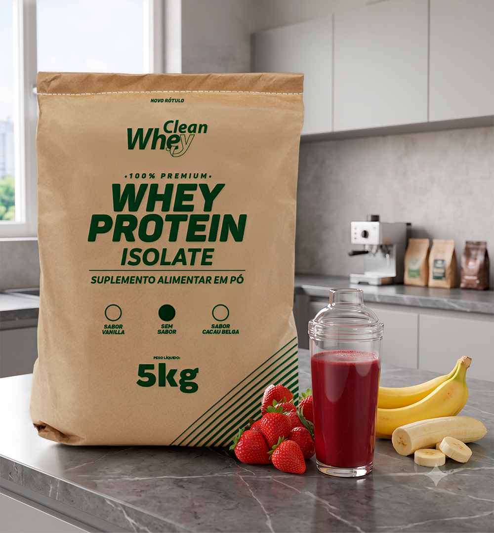 Saco 5kg Clean Whey Isolate com bebida e frutas