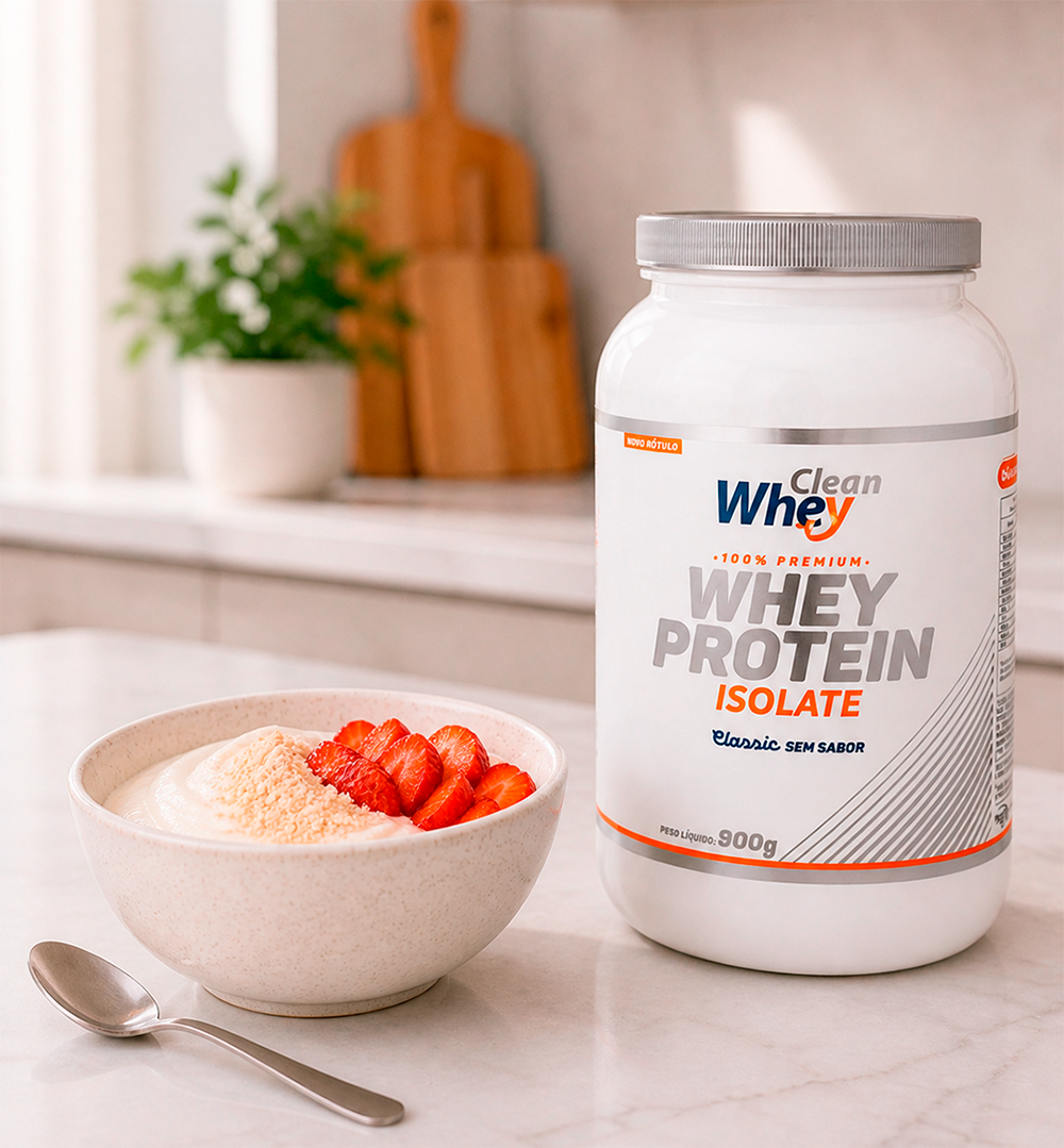 Pote Clean Whey com panqueca e preparo diário