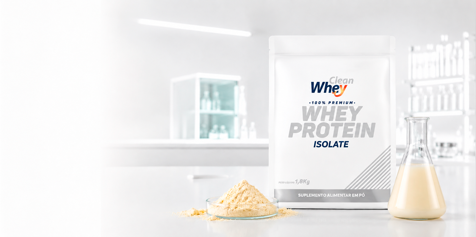 Clean Whey Isolate Tasty Vanilla em ambiente de laboratório