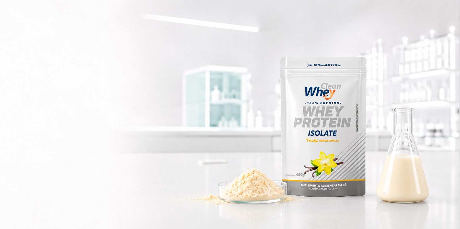 Clean Whey Isolate Tasty Vanilla Refil 450g em ambiente de laboratório