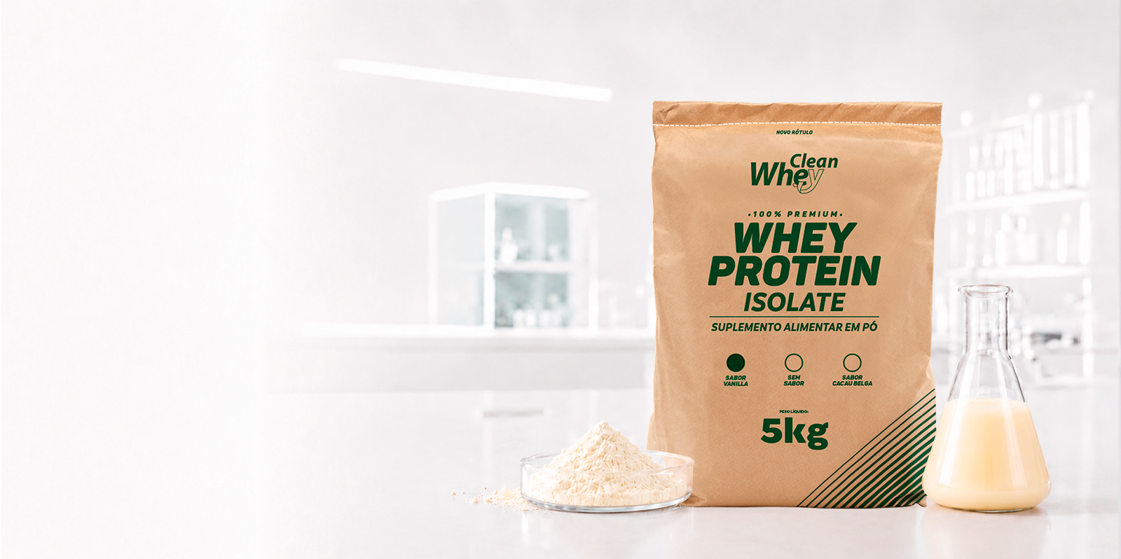 Clean Whey Isolate Tasty Vanilla em ambiente de laboratório