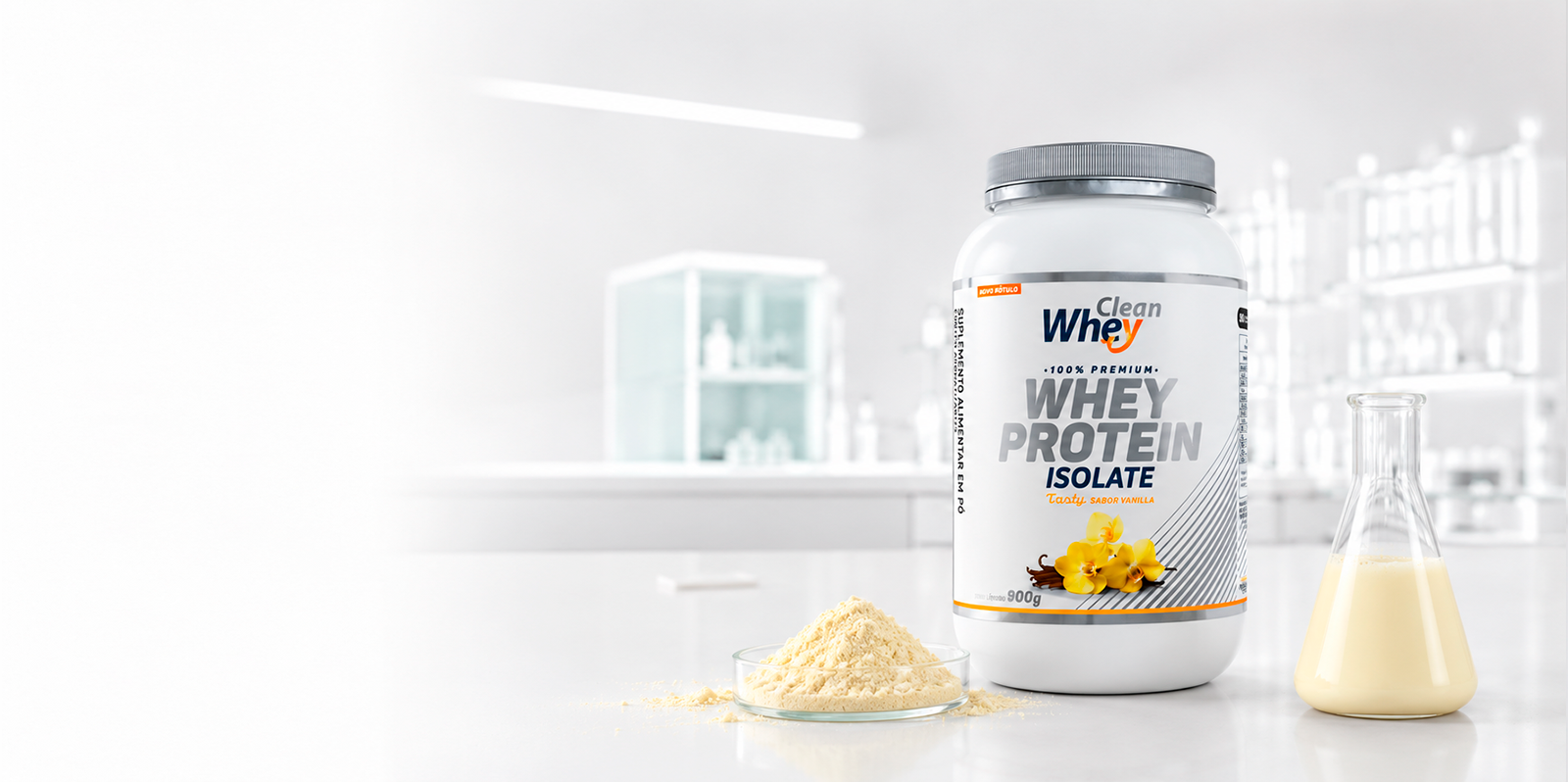 Clean Whey Isolate Tasty Vanilla em ambiente de laboratório