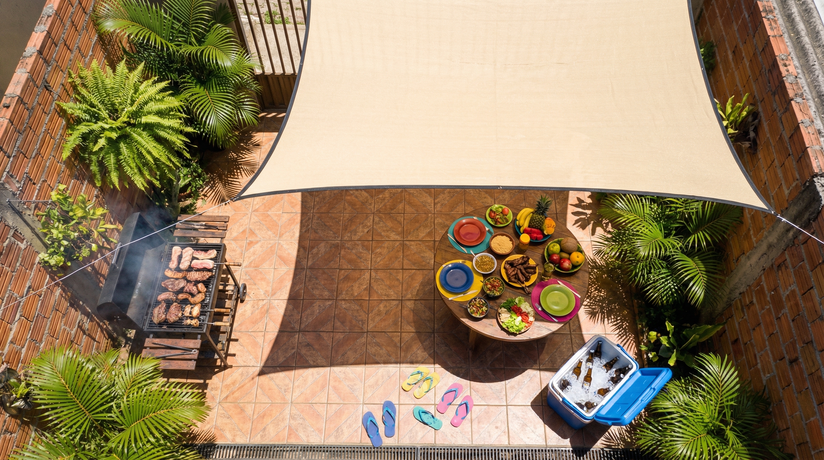Vista a&eacute;rea de churrasco brasileiro sob vela de sombra