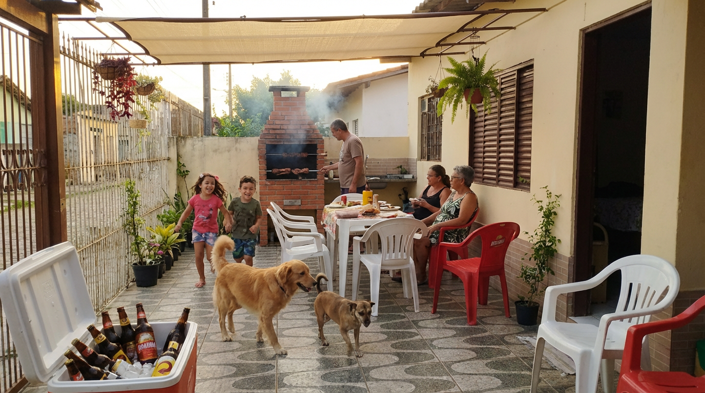 Fam&iacute;lia brasileira aproveitando churrasco sob vela de sombra Solaraia
