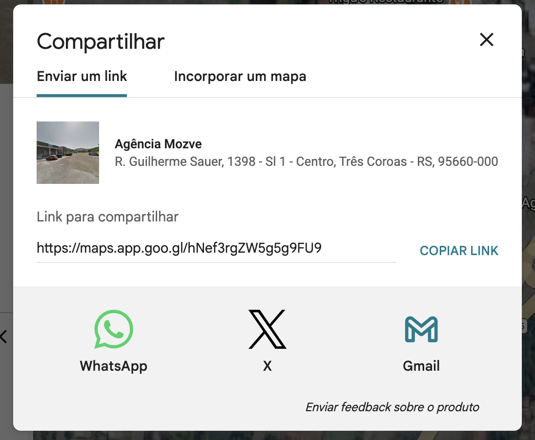 Print mostrando onde copiar o link normal do Google Maps