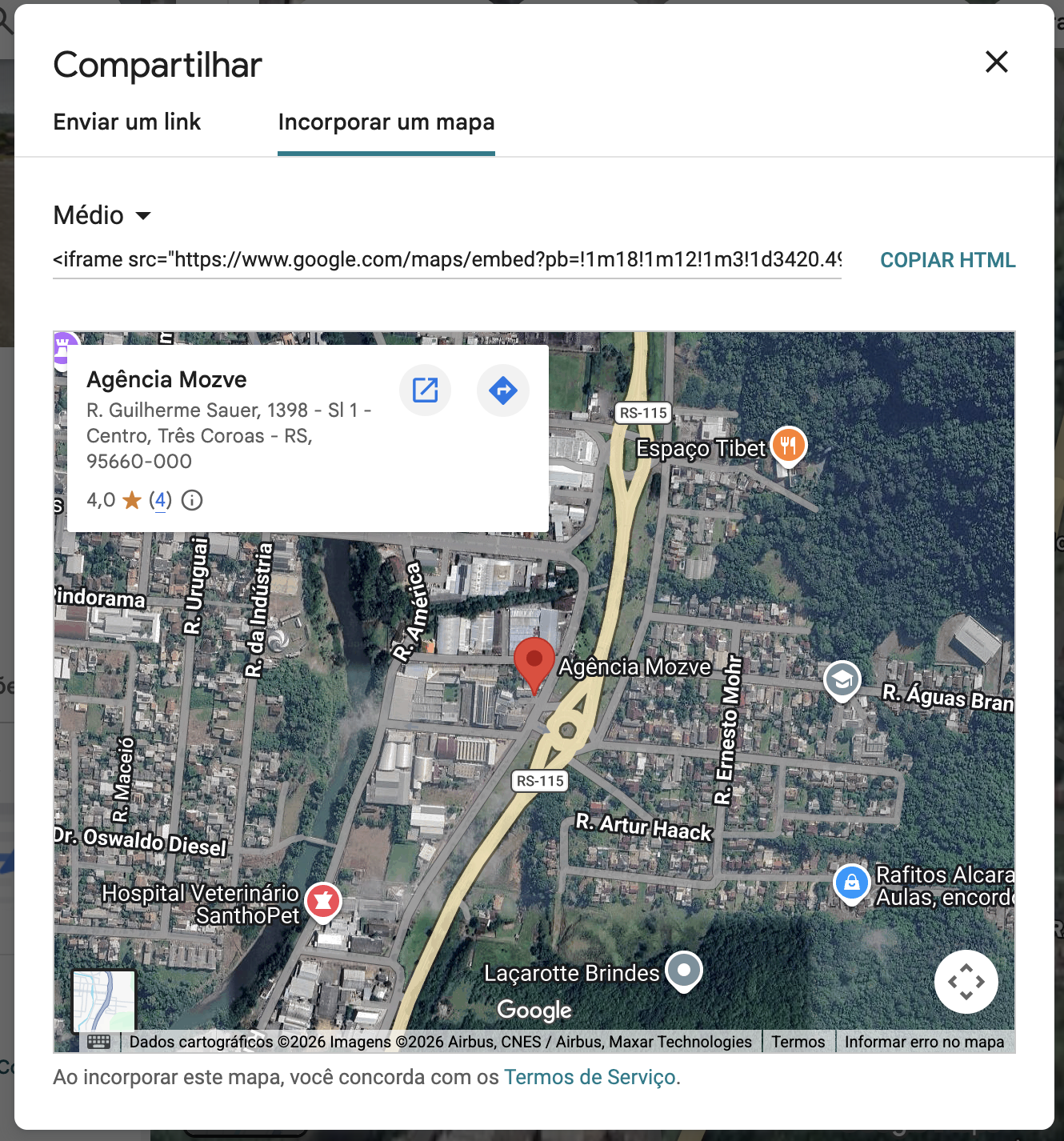 Print mostrando onde copiar o link para mostrar o mapa na página