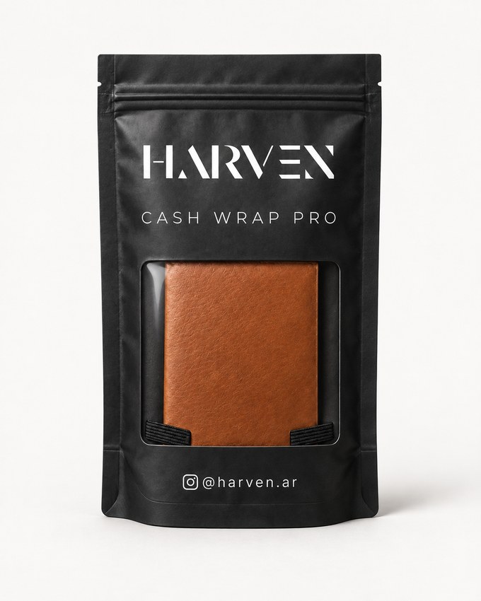 Cash Wrap Pro en su packaging premium, con el cuero a la vista por la ventana