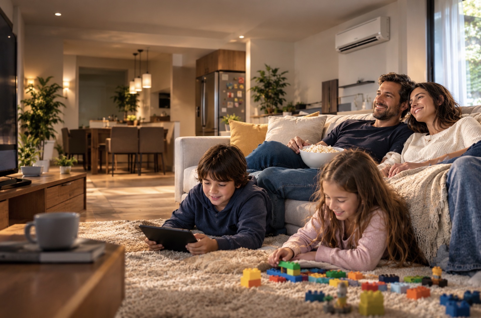 Familia tranquila en su living, con la Membresía ASSIX activa
