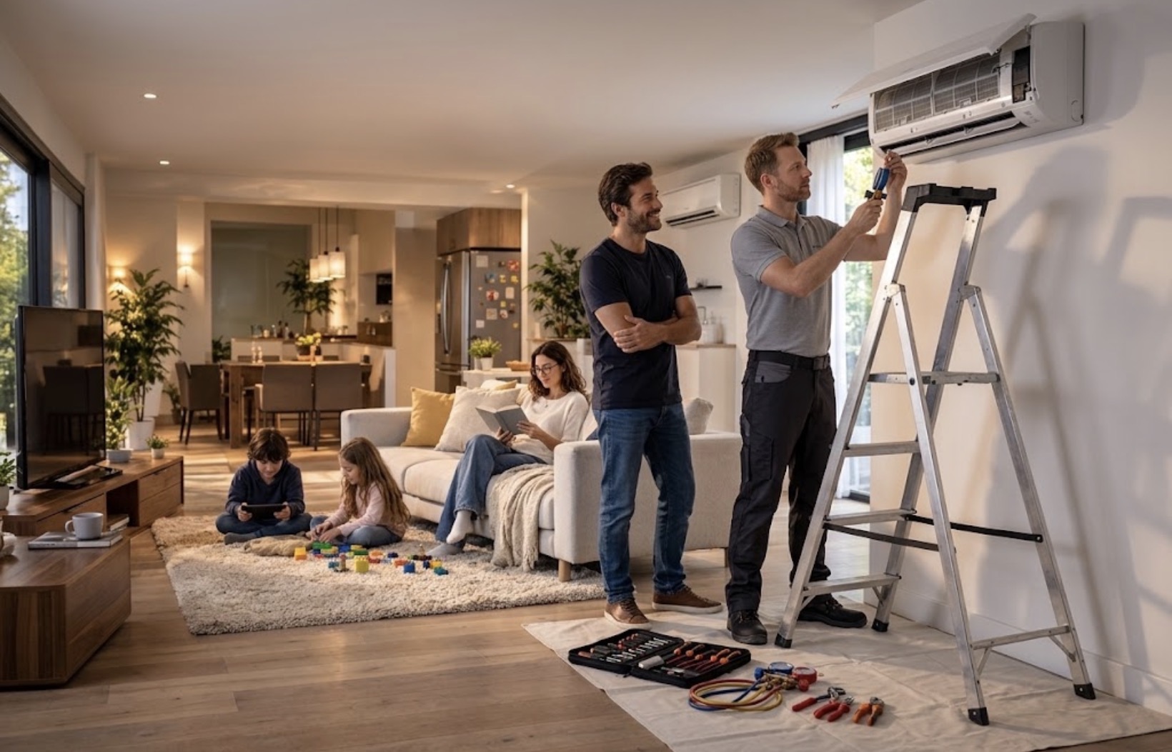 Técnico instalando un aire acondicionado en el living de una familia