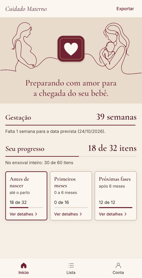 Tela inicial do app: semanas de gestação, progresso da lista e os três momentos (Antes de nascer, Primeiros meses e Próximas fases)