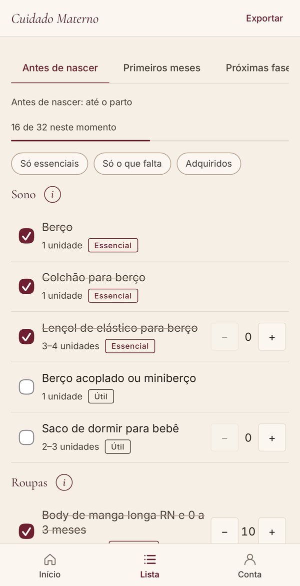 Tela da lista do app: itens de Sono marcados, quantidade de cada um, prioridade e os filtros Só essenciais, Só o que falta e Adquiridos
