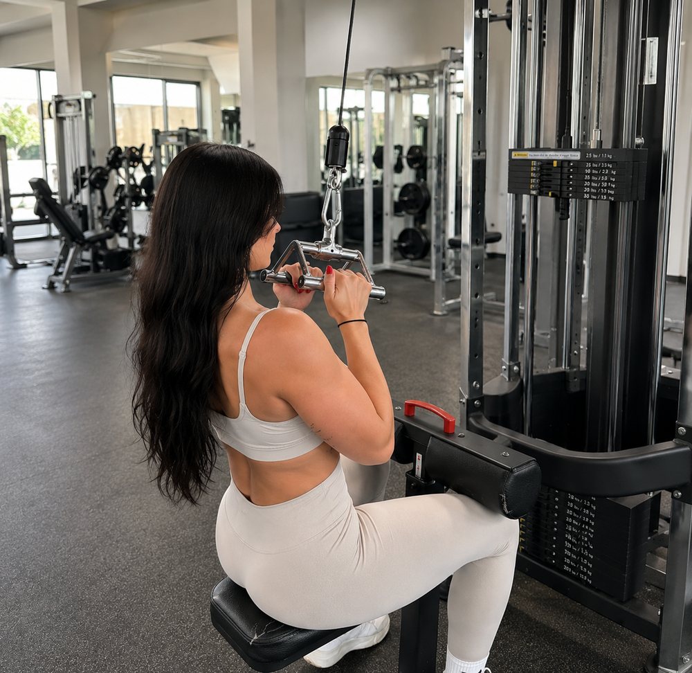 Mujer entrenando jalón al pecho en el gimnasio