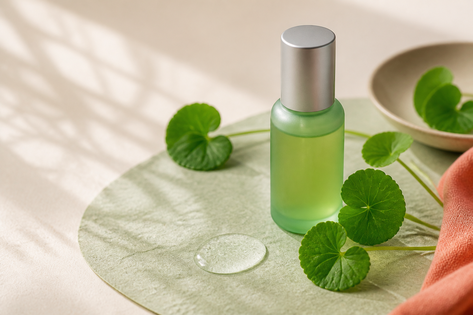Frasco verde genérico cercado por folhas de centella