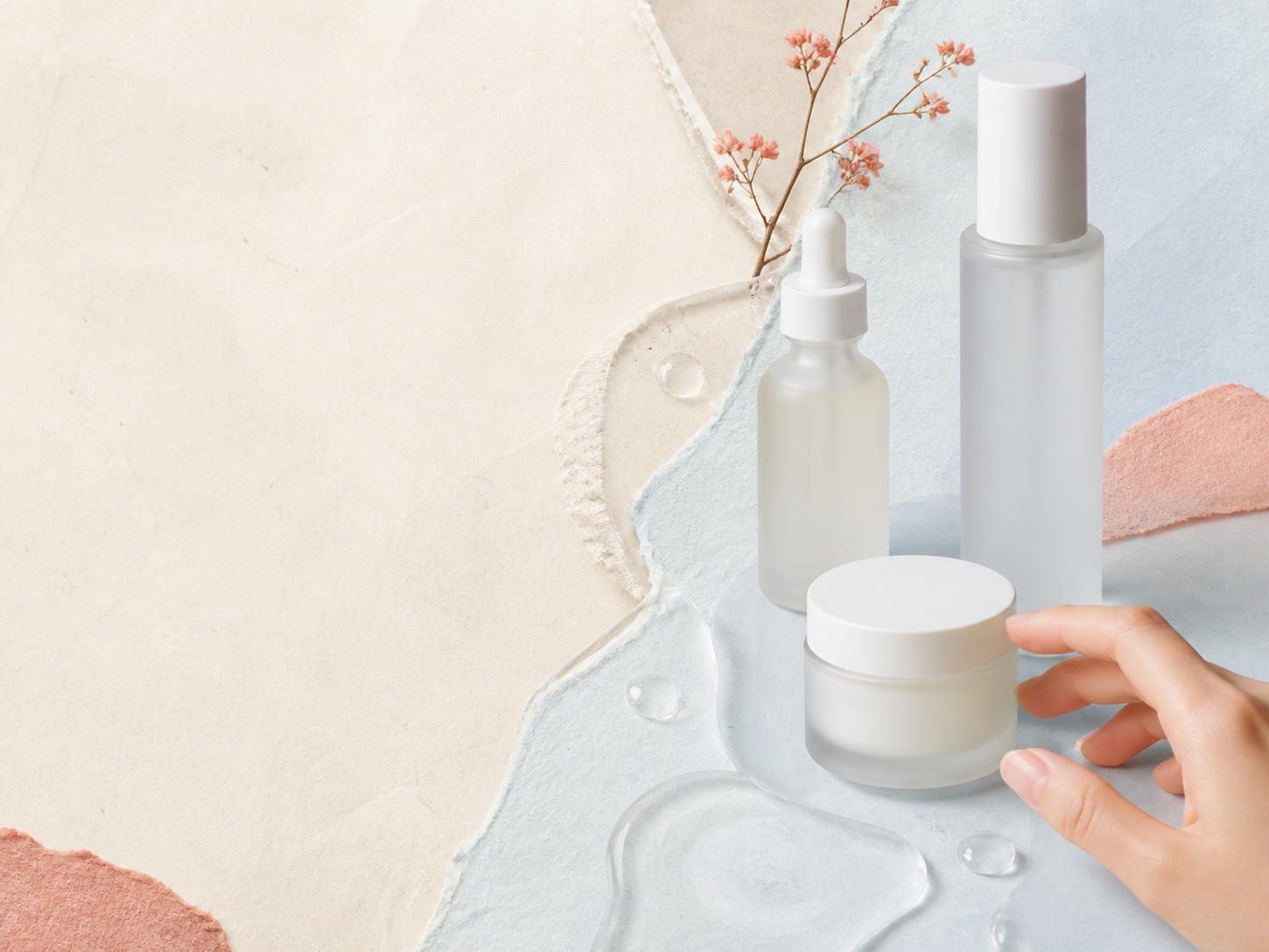 Frascos genéricos de skincare em uma composição editorial azul-clara