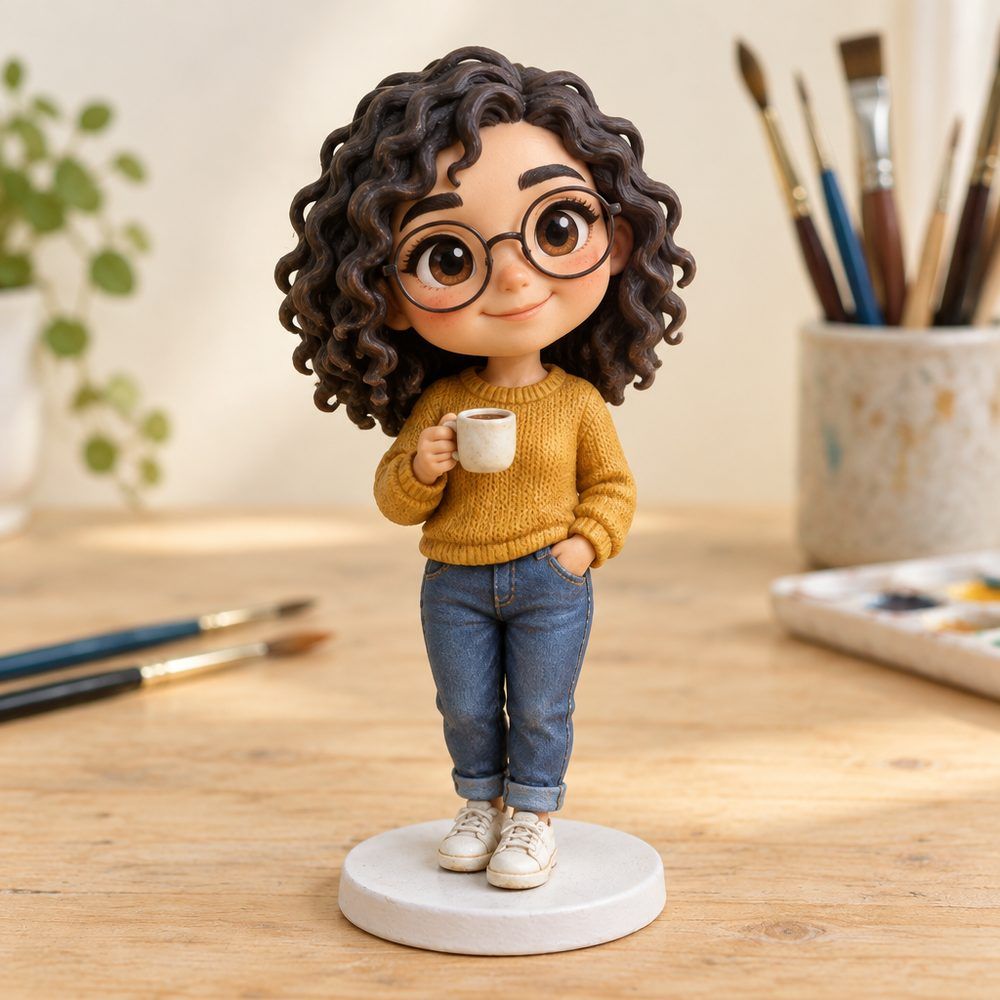 Miniatura pintada de uma mulher de óculos com caneca