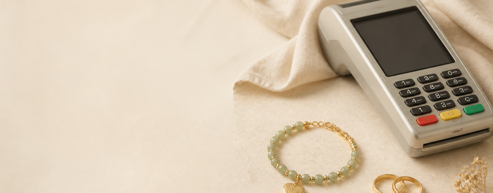 Pulseira artesanal ao lado de uma maquininha de pagamento em composição clara