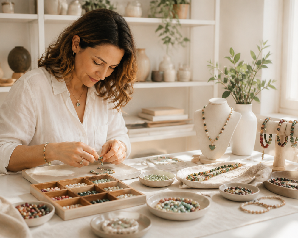 Artesã trabalhando em uma bancada clara no atelier