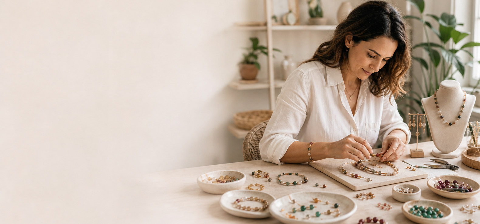 Artesã criando acessórios à mão no atelier
