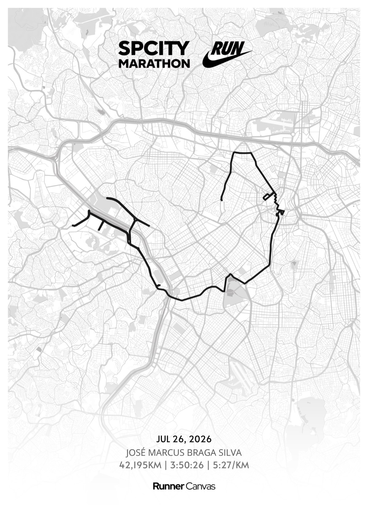 Quadro Runner Canvas — mapa do percurso SP City Marathon 2026