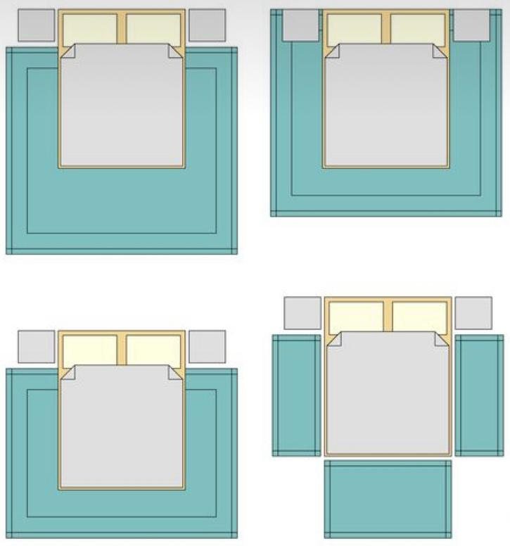 Três formas de usar o tapete no quarto: grande sob a cama, ou passadeiras nas laterais e em L