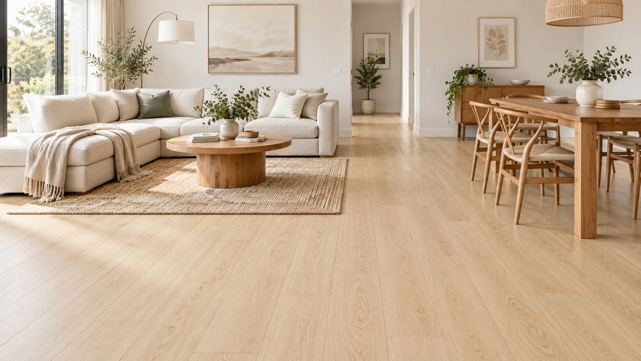 Ambiente con piso vinílico símil madera colocado