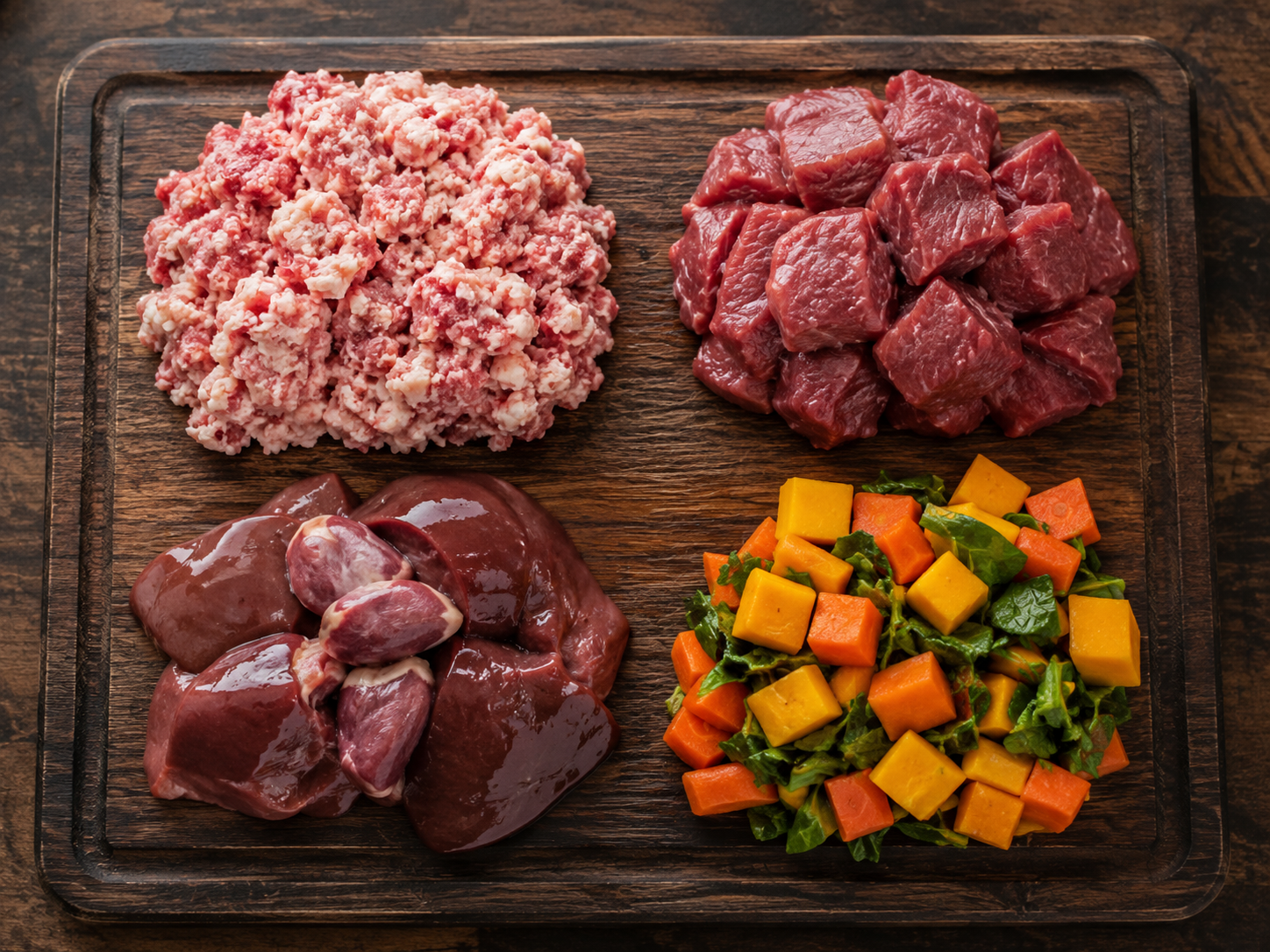 Pilares de la Dieta BARF - Hueso carnoso, carne, vísceras y vegetales