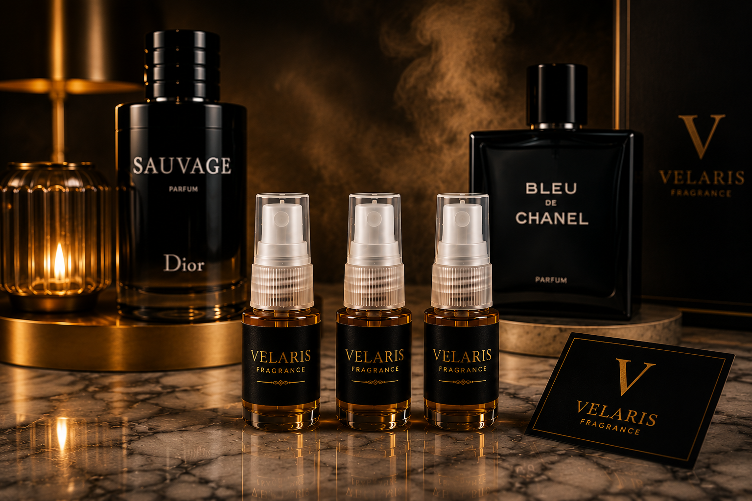 Decantes VELARIS com perfumes Dior Sauvage e Bleu de Chanel