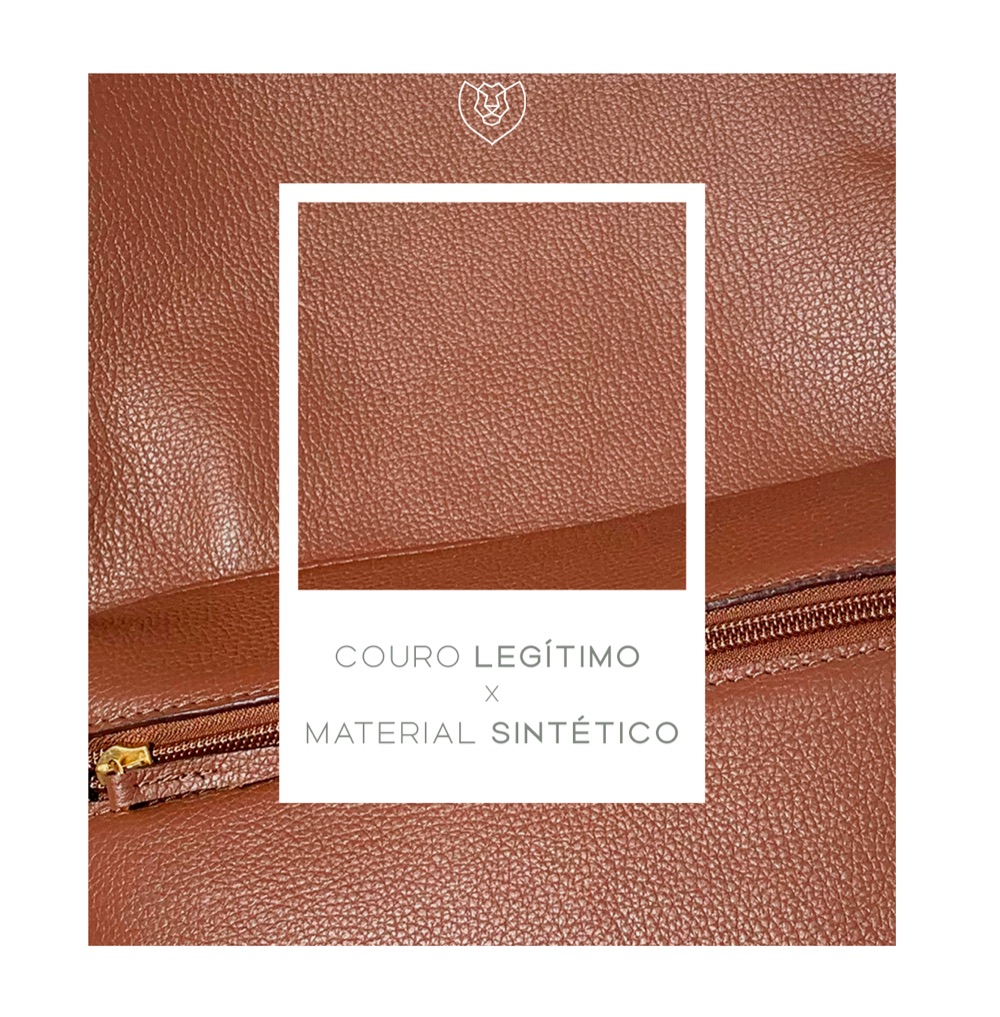 Textura de couro caramelo com uma moldura branca ao centro. Texto: couro legítimo x material sintético.