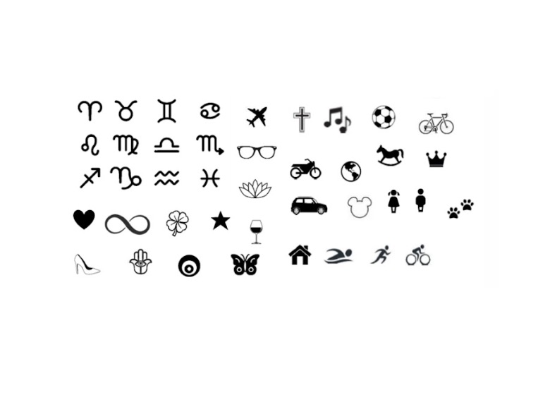 Cartela com os símbolos disponíveis para gravação: os doze signos do zodíaco, avião, cruz, nota musical, bola de futebol, bicicleta, óculos, moto, globo, cavalinho de balanço, coroa, coração, infinito, trevo, estrela, flor de lótus, taça, carro, orelhas de rato, bonecos feminino e masculino, patinha de cachorro, sapato de salto, mão de Fátima, olho grego, borboleta, casa, nadador, corredor e ciclista.