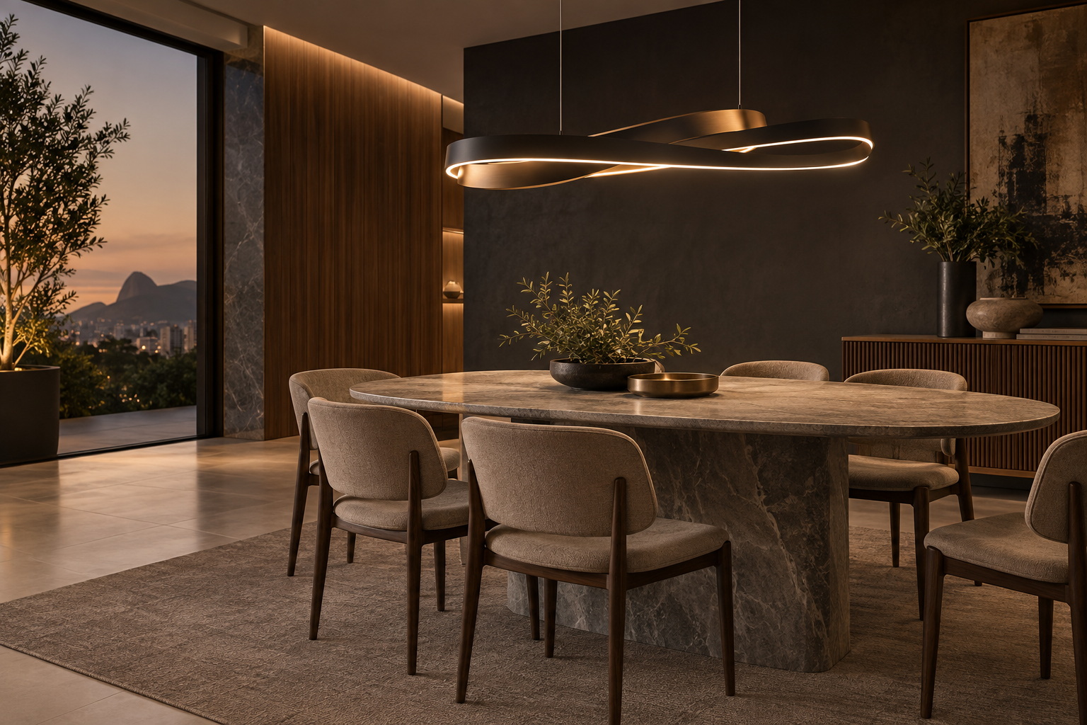 Sala de jantar iluminada com pendente