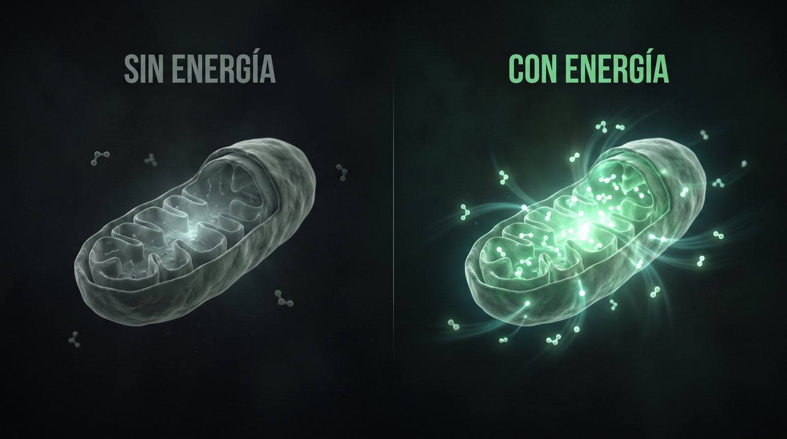 Comparación 3D: una célula apagada sin energía y la misma célula encendida con energía