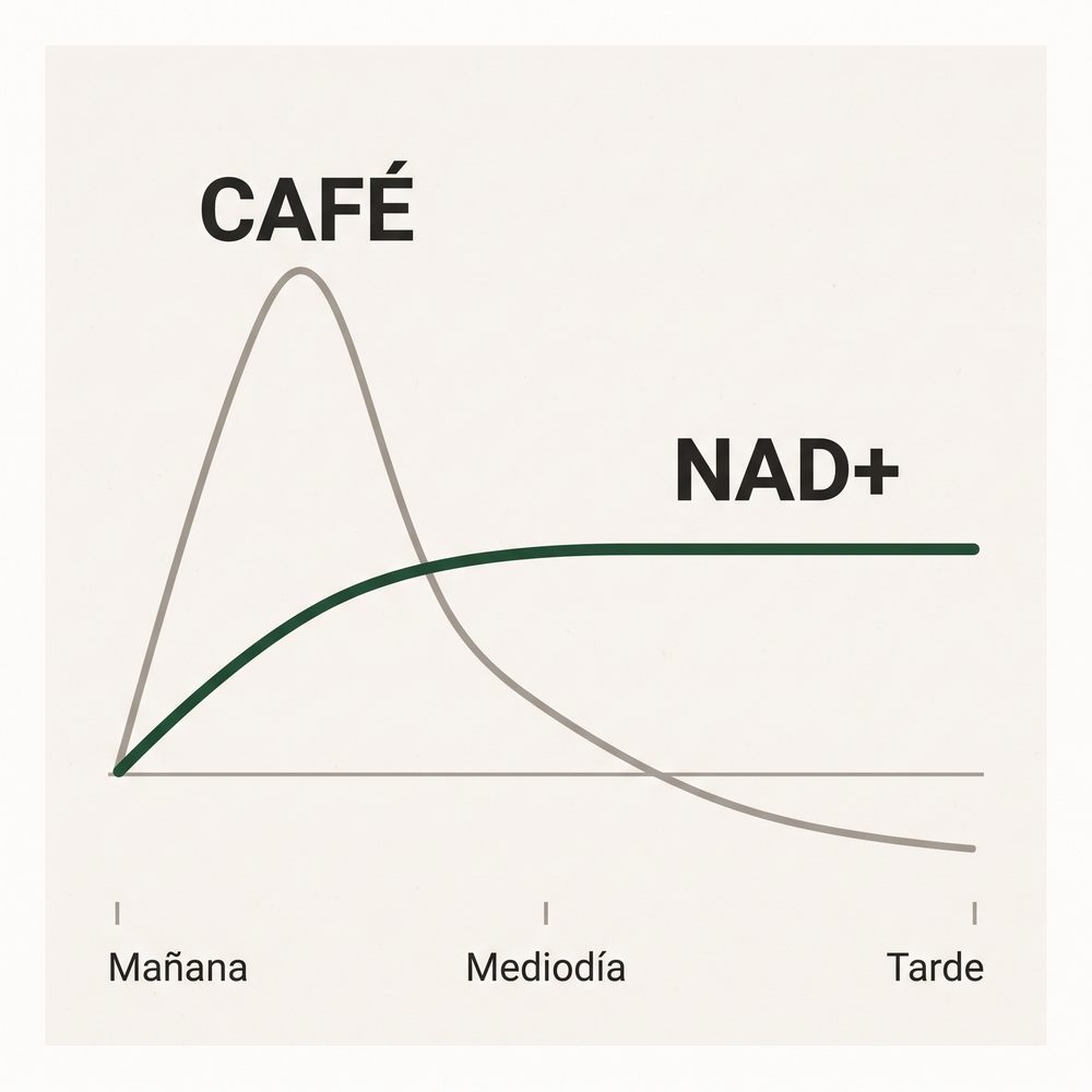 Gráfico: la curva del café sube y se cae, la del NAD+ sube despacio y se sostiene