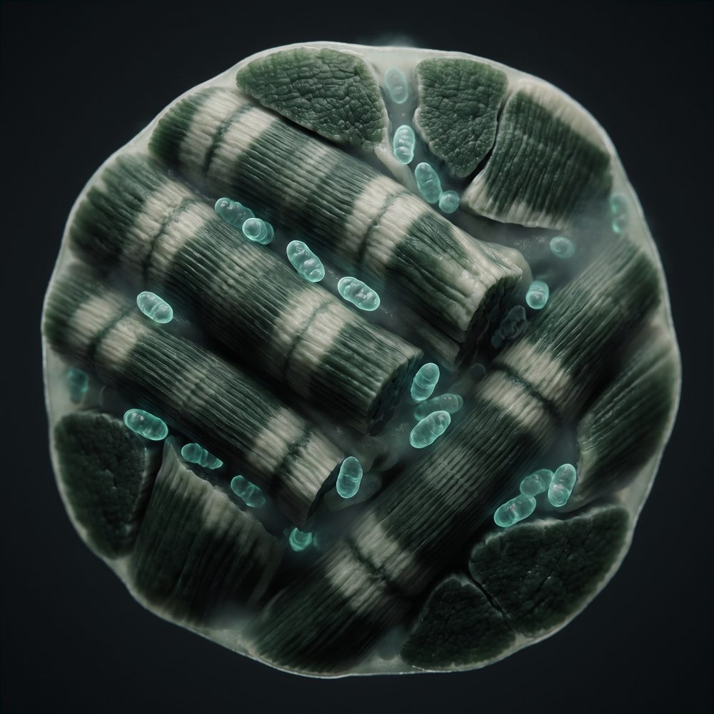 Render 3D de fibras musculares con sus fábricas de energía
