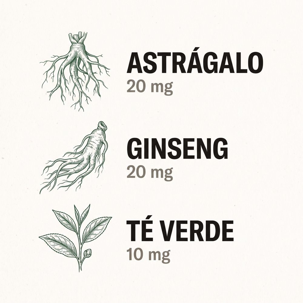 Astrágalo 20 mg, ginseng 20 mg, té verde 10 mg y quercetina 30 mg, con su cifra declarada