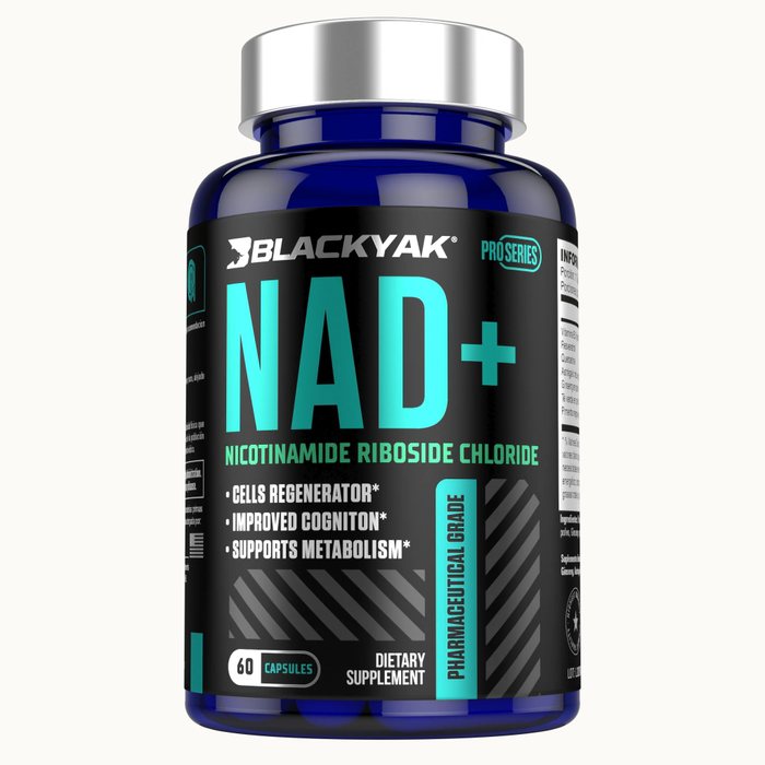 Frasco de NAD+ Niacinamida + Resveratrol de BlackYak, 60 cápsulas