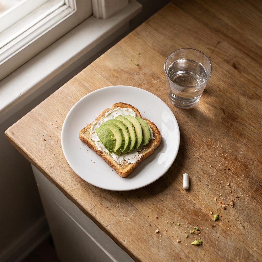 Tostada con queso untable y palta, con la cápsula al lado del plato