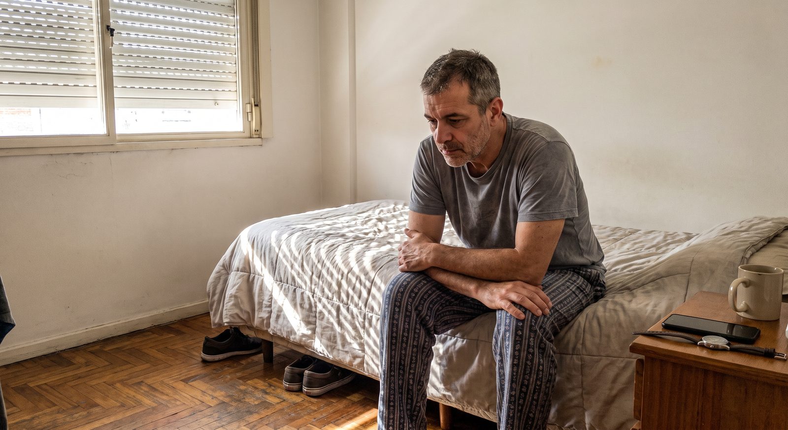Hombre de unos 55 anos sentado al borde de la cama a la manana, con la luz entrando por la persiana