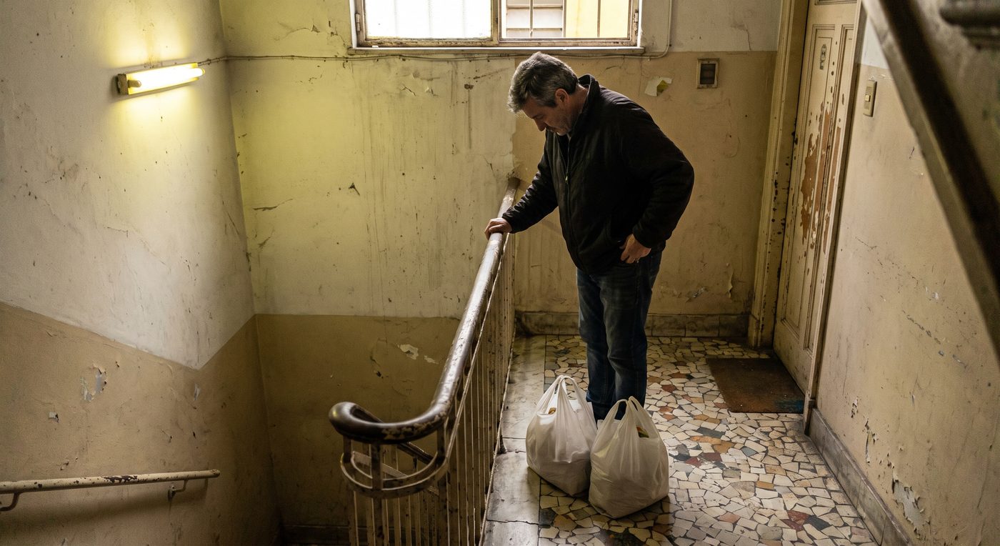 Hombre apoyando las bolsas del supermercado en el descanso de la escalera para tomar aire