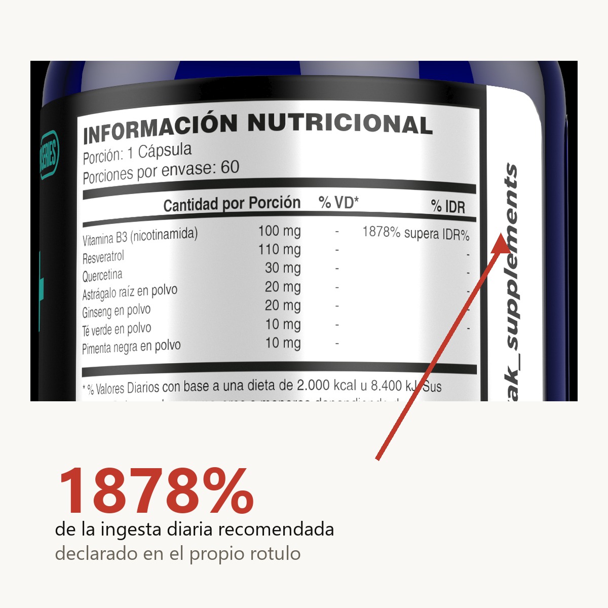 Panel nutricional del frasco con una flecha senalando la linea de vitamina B3 nicotinamida 100 mg