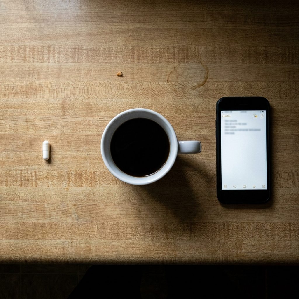 Una capsula sobre la mesada, al lado de la taza de cafe y el celular con una nota abierta