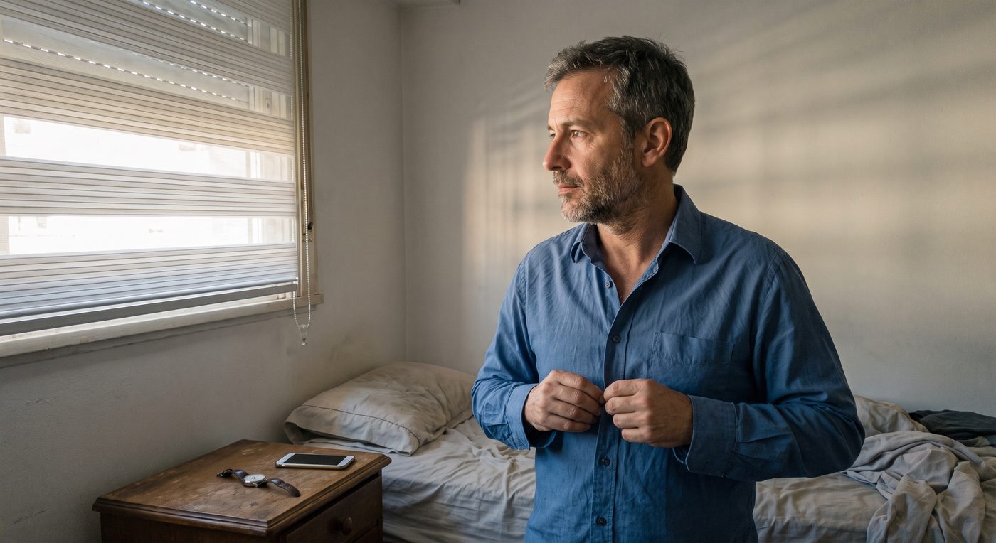 El mismo hombre, ya de pie junto a la cama, terminando de vestirse con la luz de la manana