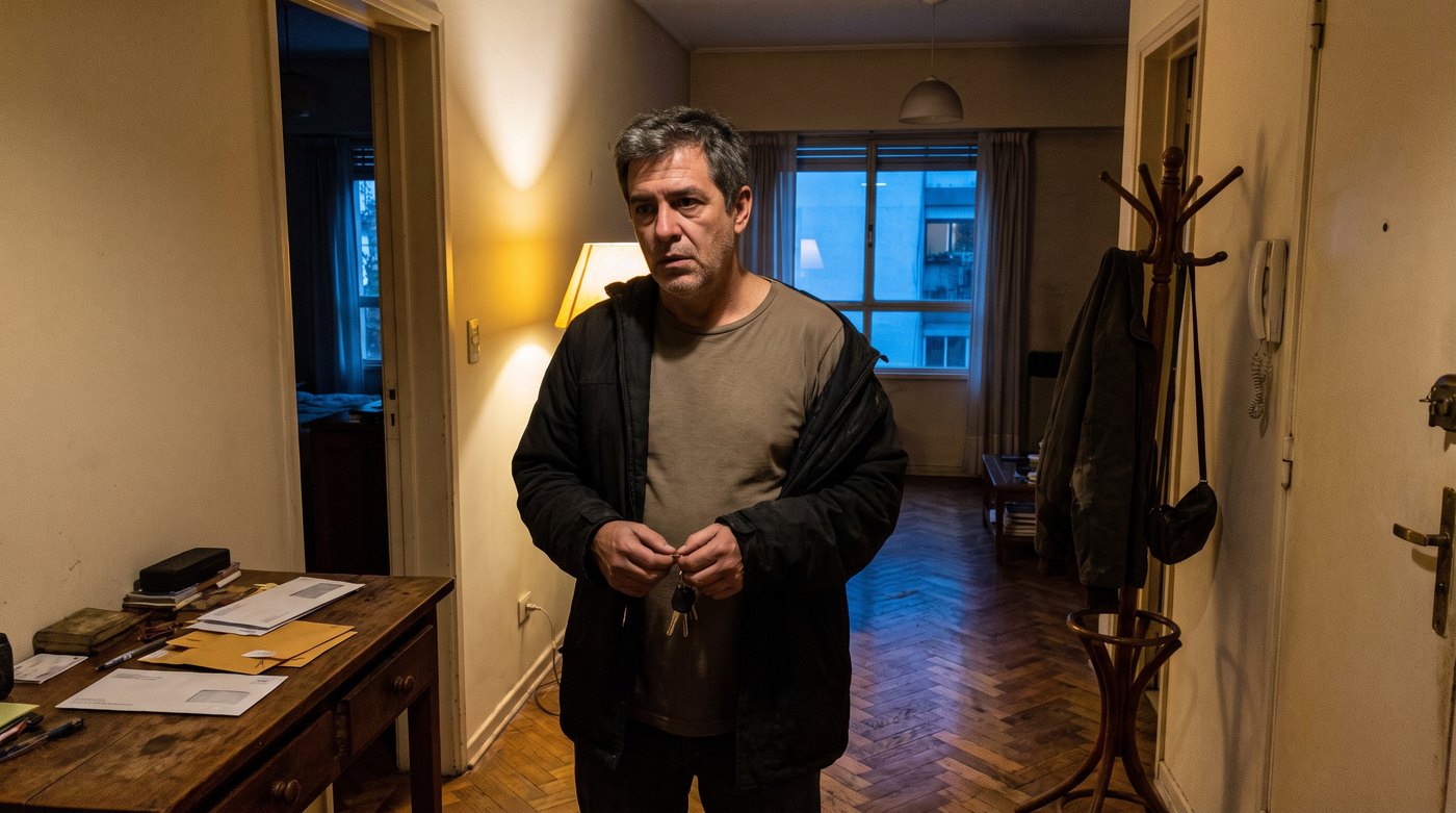 Hombre de unos 55 anos llegando a su casa a la tarde, todavia con las llaves en la mano y sacandose la campera