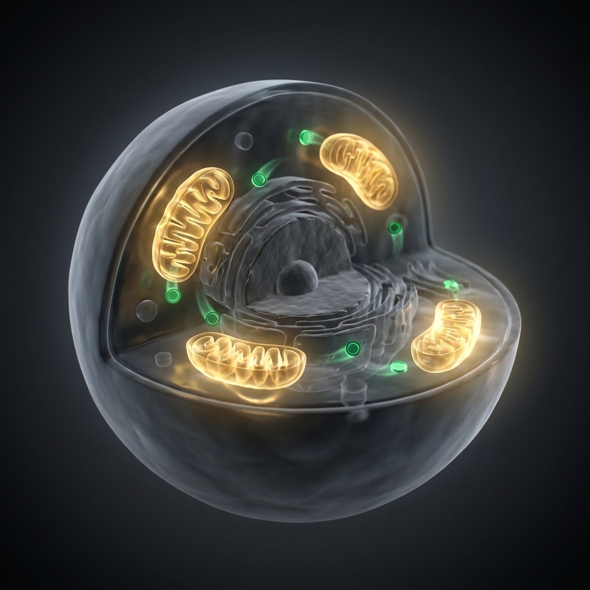 Corte 3D de una celula con las mitocondrias encendidas