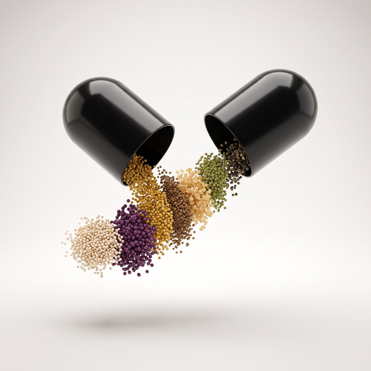 Render 3D de la capsula abierta y los siete activos saliendo separados por color