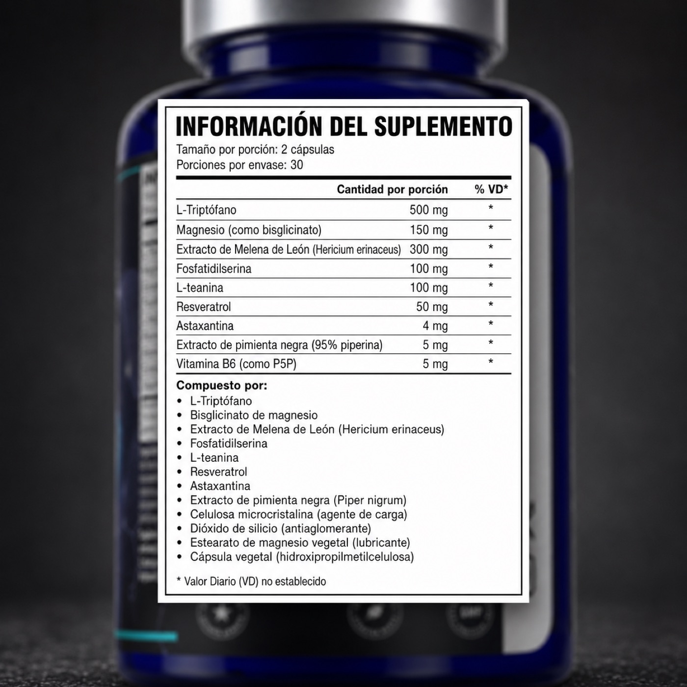 Información del suplemento: los nueve activos con su cantidad por porción